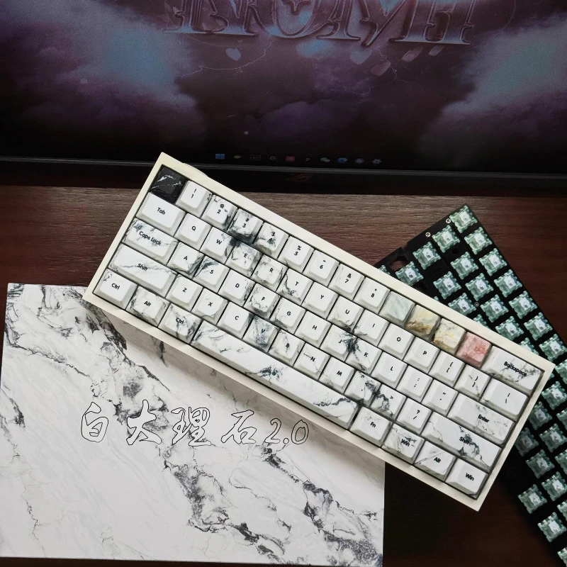 White Marble 2.0 Keycaps Custom PBT Sublimation Cherry Profile Keycap Cute Transparent 1.8MM/144 Pcs Cartoon Anime Point Key Cap