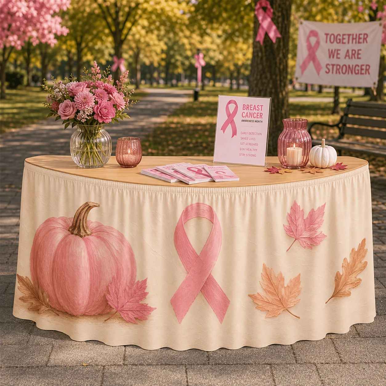 1 piece table flag table skirt, breast cancer awareness promotion, autumn table skirt, texture painting, pink pumpkin