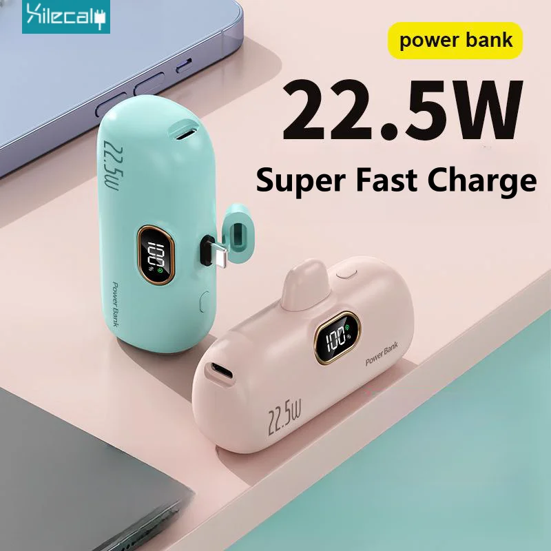 

22.5W Mini Power Bank for iPhone Charger 5000mAh High Capactity Mini Capsule Power Bank Digital Display Fast Charge For Samsung