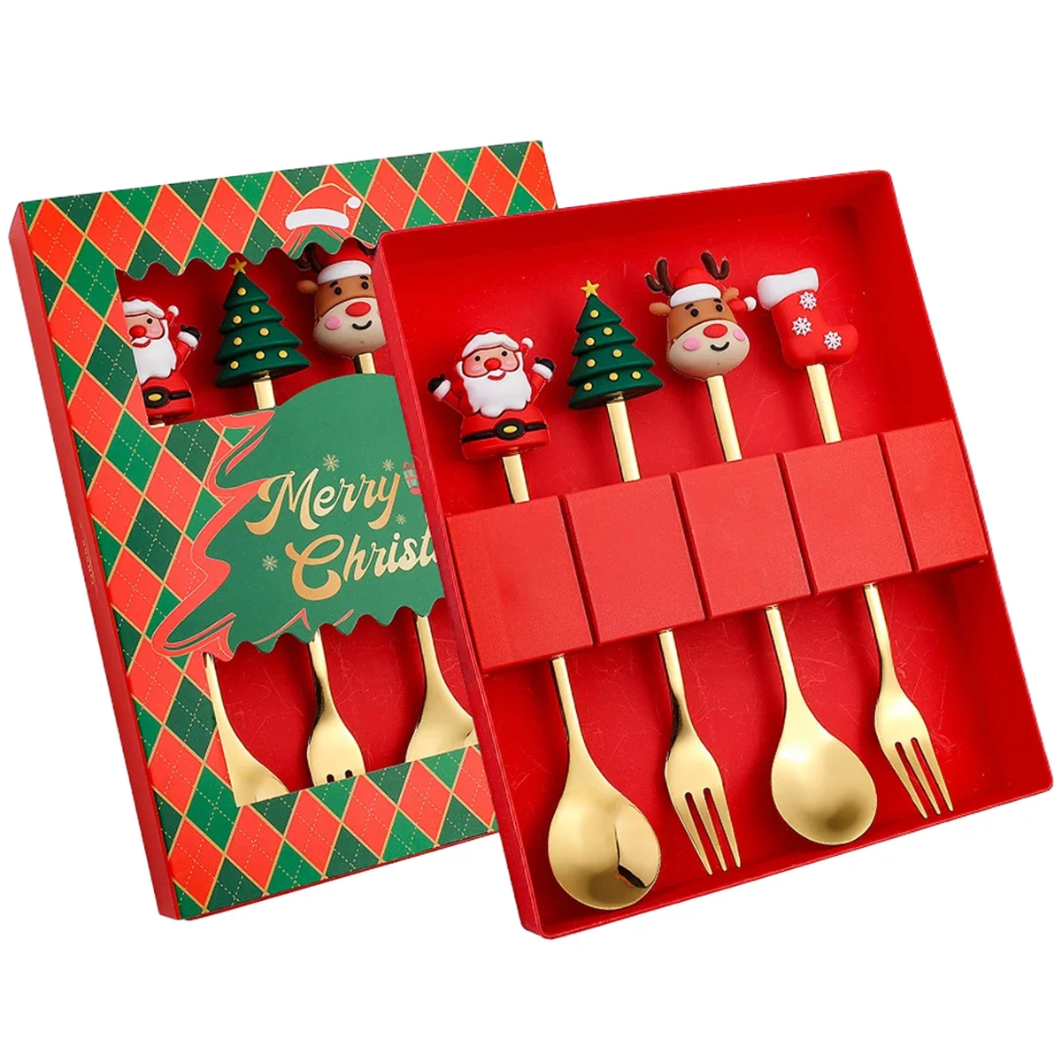 

4pcs Christmas Party Dinnerware Set with Gift Box Christmas Tree Dessert Fork Spoon Cutlery Set Gold Stainless Steel Tableware