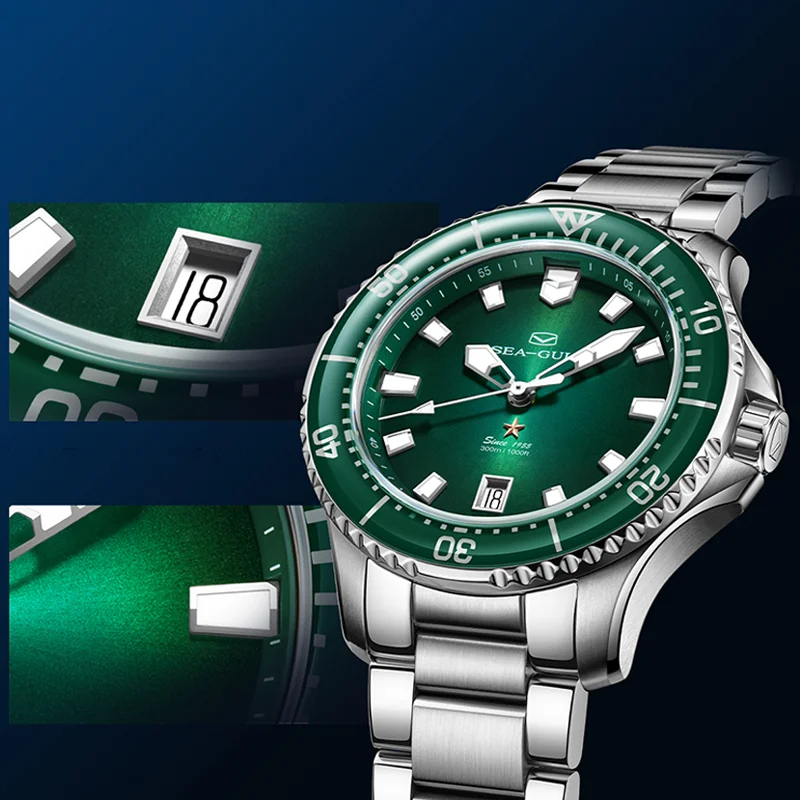 ساعة النورس الرجالية الأوتوماتيكية لف ST2130 300 متر مقاوم للماء الياقوت كريستال مضيئة التقويم ساعات المعصم الميكانيكية 1213 reloj