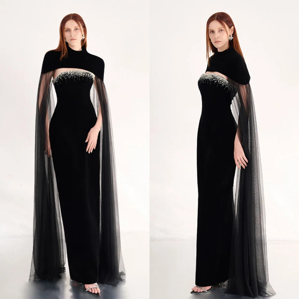 

High Quality Customized Ankle Length Strapless Beaded Long Dresses Cap Sleeve Black Vestidos Elegantes Para Mujer Para Una Boda