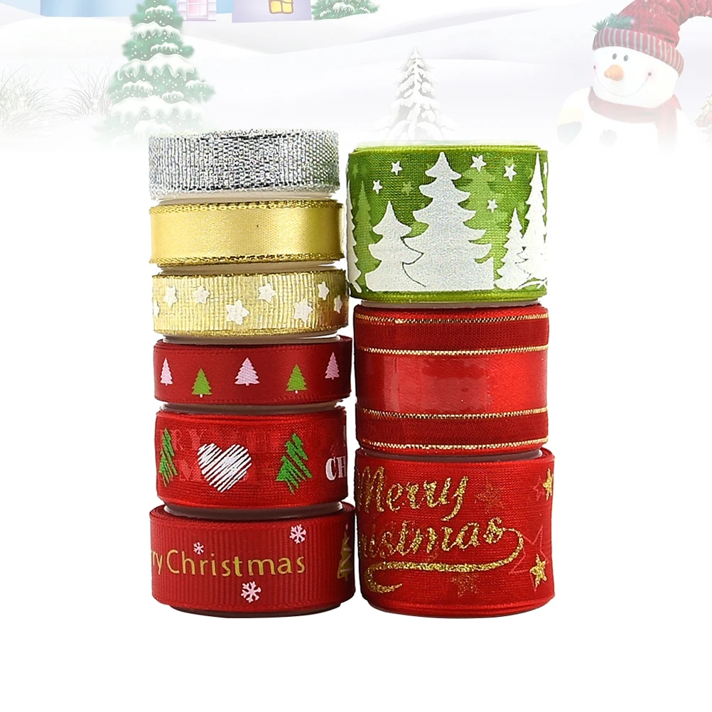 

1 set 1 Set Christmas Printing Ribbons Gold Stamping Satin Ribbon Multi-Color Christmas Tree Wrapping Ribbon For Gift Packaging