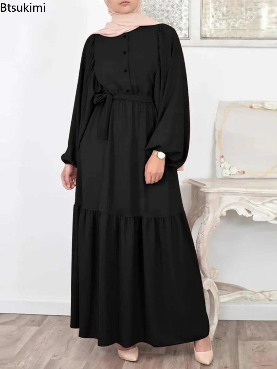 2024 Women\'s Elegant Muslim Shirt Dress Oversized Puff Sleeve Hijab Caftan Islamic Clothing Casual Belted Jilbab Sundress Female