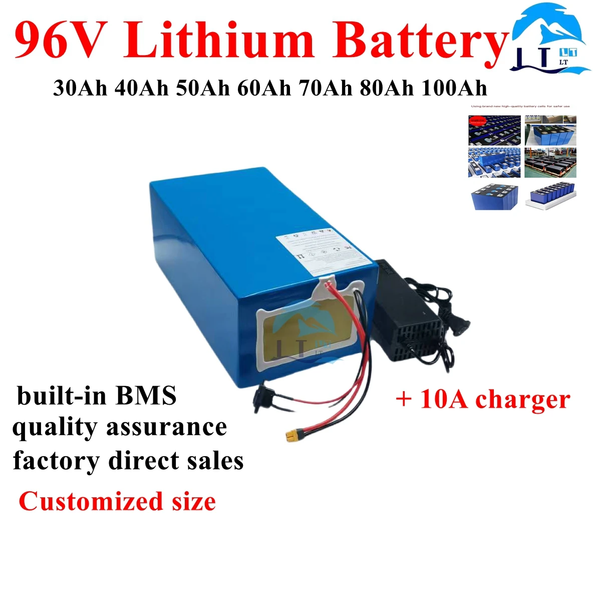 LT-Batterie lithium-ion 96V, 60Ah, 80Ah, 100Ah, 30Ah, 40Ah, 26S BMS, pour moteur robot scooter moto 5000W AGV, avec chargeur 10A