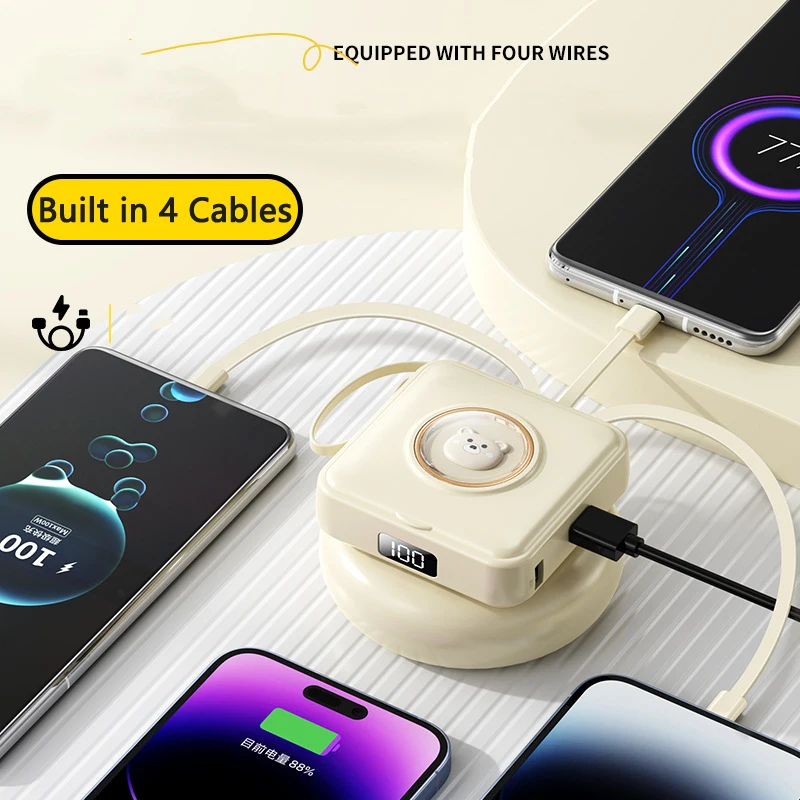 Мини-Power Bank емкостью 20000 мАч встроенный 4 кабеля портативное зарядное устройство зеркало для макияжа с милым домашним животным внешний аккумулятор Фото №4