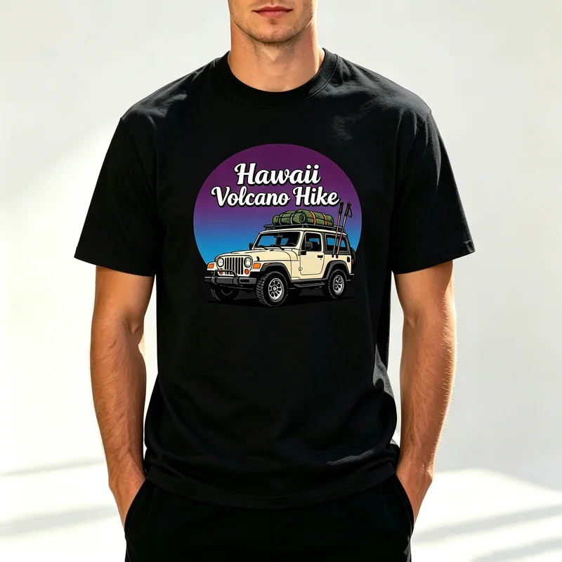 Hawaii Volcano Hike T Shirt Off Road Adventure Graphic Tee Retro Sunset Mountain Outdoor Cotton Short Sleeve for Men