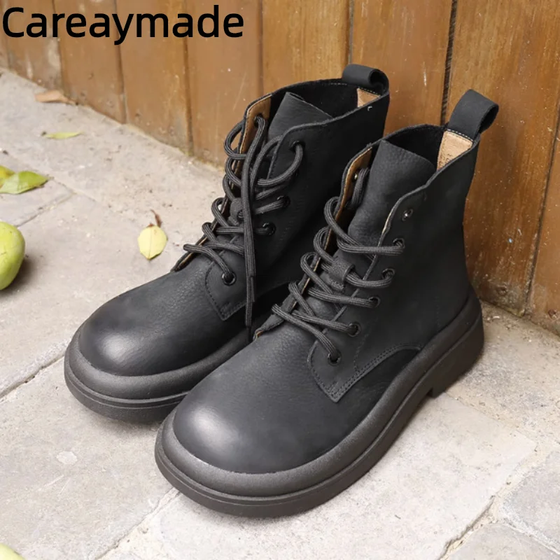 

Careaymade-100% Genuine leather large head wide version Casual short boots,Autumn British Vintage women's Boots Soft Sole shoes