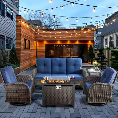 5-Piece Patio Furniture Set with Fire Pit,Wicker Outdoor Swivel Rocker Chairs Patio Sofa for Backyard,Poolside,Deck