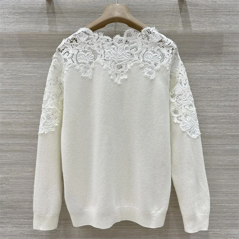 Damenpullover Neues elastisches Strickoberteil mit schmaler Passform und langen Ärmeln für den Herbst 2025. Spitzen-Patchwork-Pullover aus Kaschmirmischung