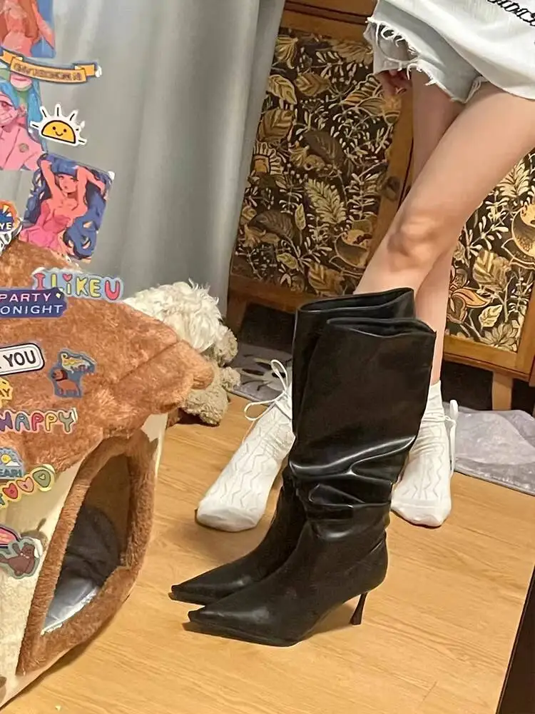 

2026 Spring Women's Calf Boots New Black Leather Boots Pointed Toe Stiletto Slouchy Knee High Non Knee Length Riding Boots