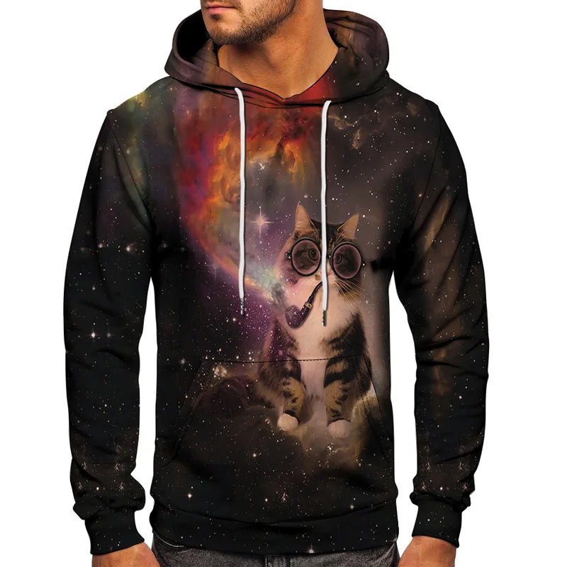 Harajuku Galaxy Colorful Animal Cat Planet Funny Pattern Print Men Hoodies Female Hooded Sweatshirt Size S-6XL Pullover Clothes