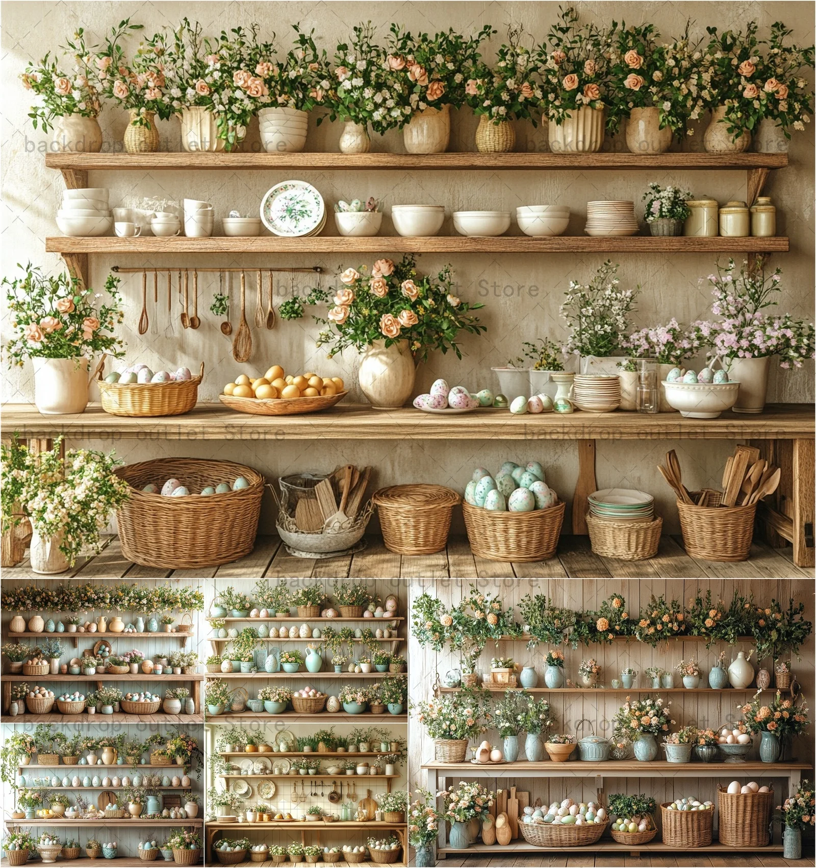 Mehofond Spring Easter Photography Backdrop Kitchen Eggs Basket Flower Plates Wood Board Kids Baby Portrait Backgroud