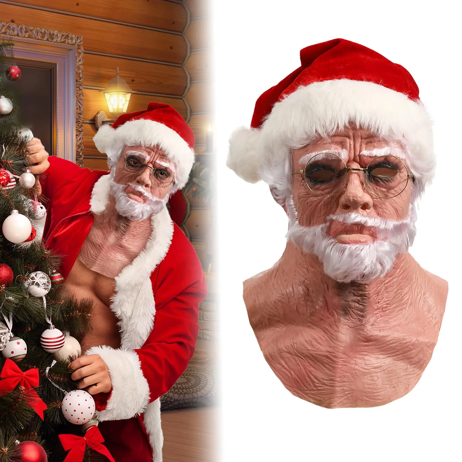 3PCS Realistic Santa Claus Mask Christmas Hat Glasses Old Man Beard Full Head Latex Costume Props Adult Men Cosplay For Xmas