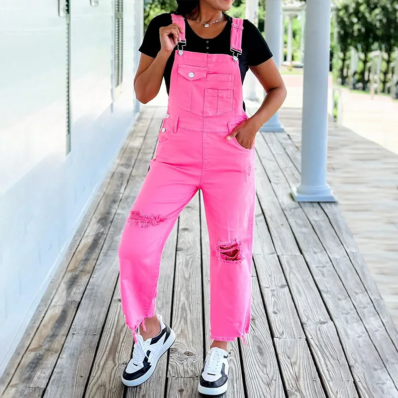 

Women Rompers Overalls Jumpsuits One Piece Straight Pants Loose Basics Pockets Slight Strech Holes High Street Winter 2024