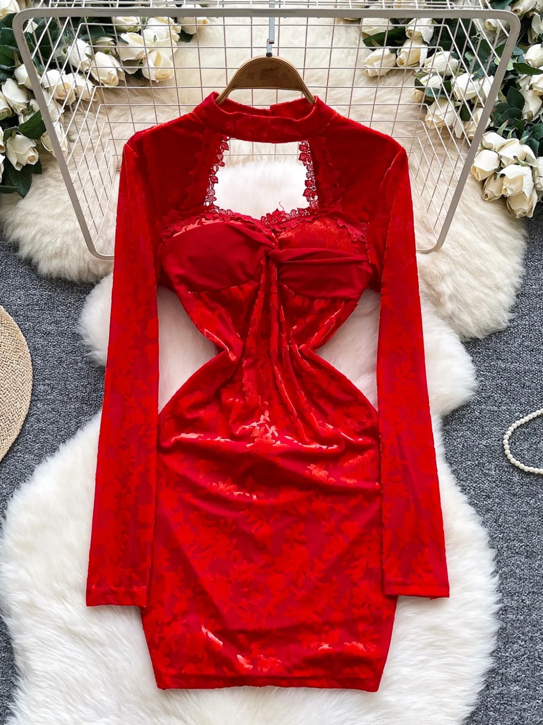 Foamlina moda mujer Otoño Invierno vestido Sexy encaje Floral empalmado recortado cuello alto manga larga estampado Mini vestido de terciopelo