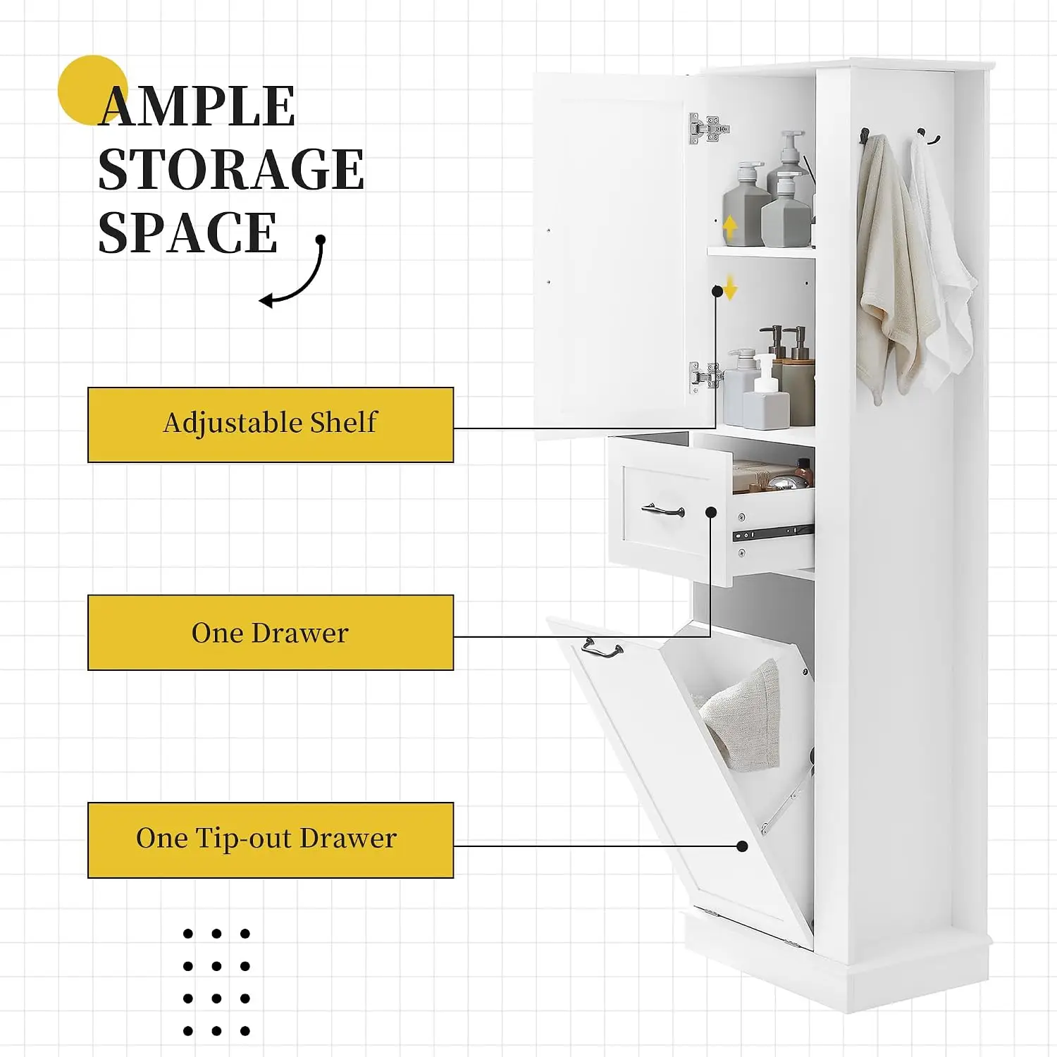 Tall Tilt-Out Laundry Cabinet with Hidden Hamper, Hooks, Shelf & Drawers for Bathroom, Living Room, Kitchen, White, Customized