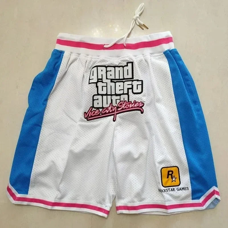 Basketball Shorts Oversize Men GTA VICE CITY Embroidery Sewing Women Sports High Street Hip Hop Breathable Middle Beach Pants