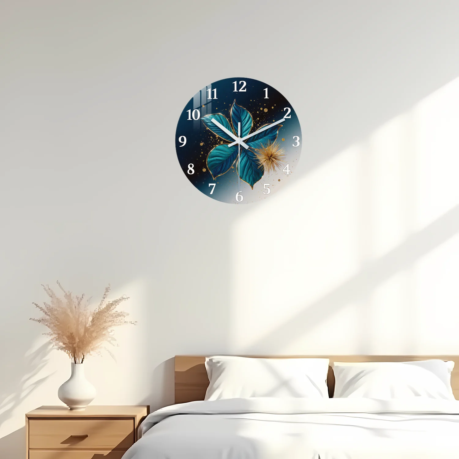 Dark Blue Plant-Themed Gold Foil Wooden Wall Clock, 10-24inch Silent Wall Clocks, Aa Battery Powered, Suitable for Living Room, Bedroom, Office, (Battery Not Included) Mother's Day, Easter, April Fool's Day