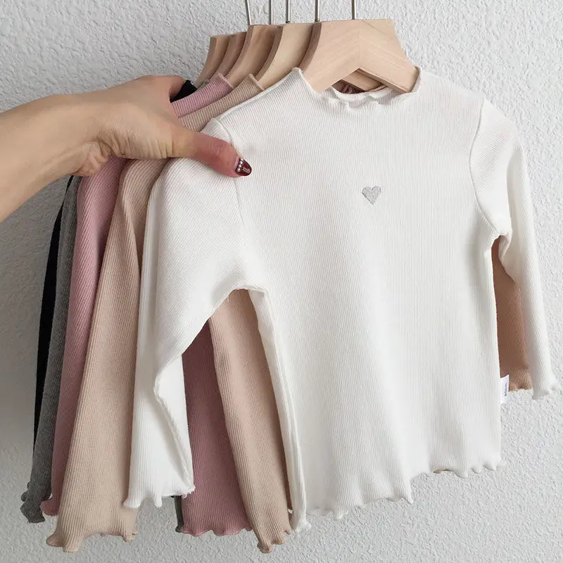 Girls Ribbed Long Sleeve Top Heart Embroidery Wavy Edge Crew Neck Kids Basic T-shirt