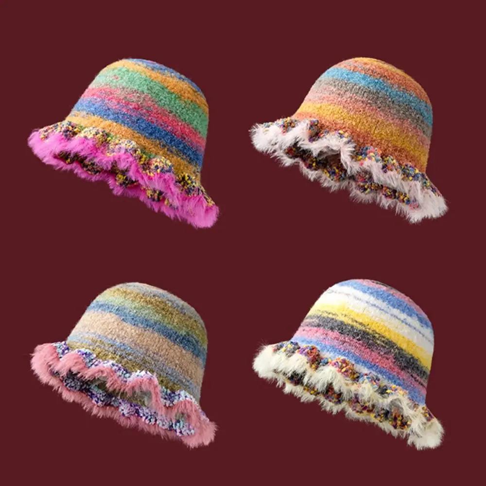 Fashion Retro Rainbow Knitted Hat Plush Gradient Striped Ladies Knitted Hat Ruffle Warmth Oil Painting Colour Hat Autumn Winter