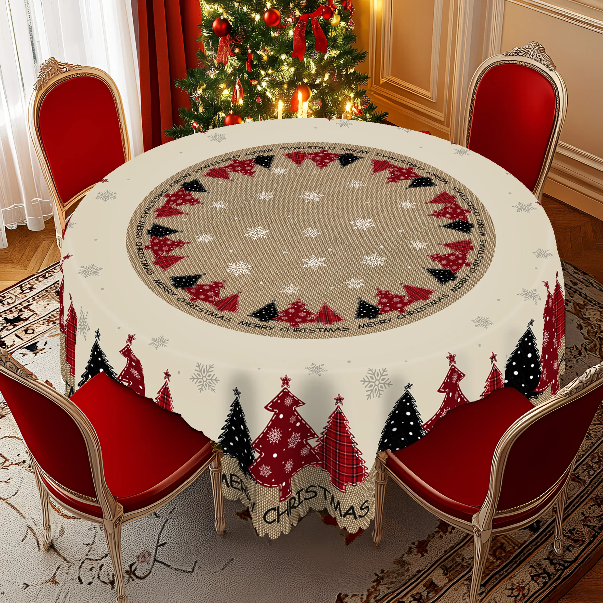1 Piece of Christmas Round and Rectangular Tablecloths Available in Various Sizes, Rural Farmhouse Christmas Tree and Exquisite Decorations Printed Pattern Design Tablecloths for Daily Home Kitchen, Terrace Use, Gifts