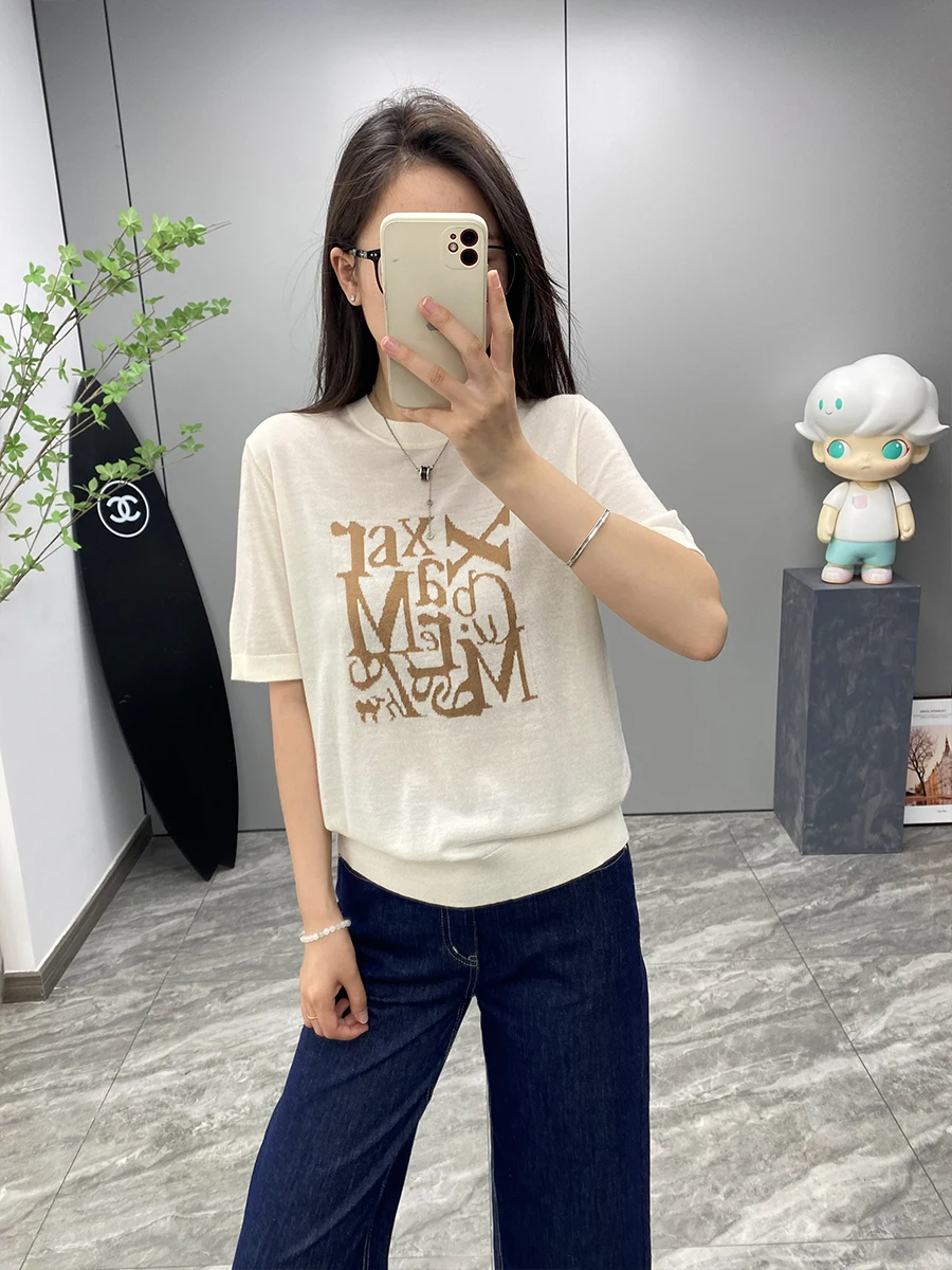 

Mxa Home Wool 00% Knitted ort Sve Crew Ne Casual Versatile Women's T-irt Letter Embroidery Comfortable Fit Summer Top