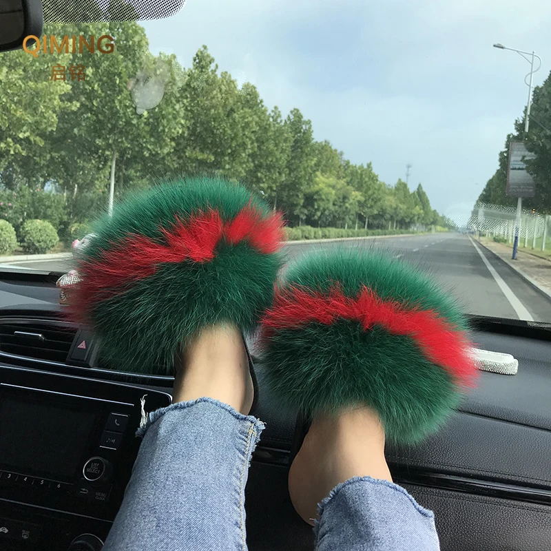 Summer Real Fur Slippers Ladies Indoor Furry Fur Flip Flops Women Plush Fox Fur Slides For Women House Shoes Woman Slipper Beach