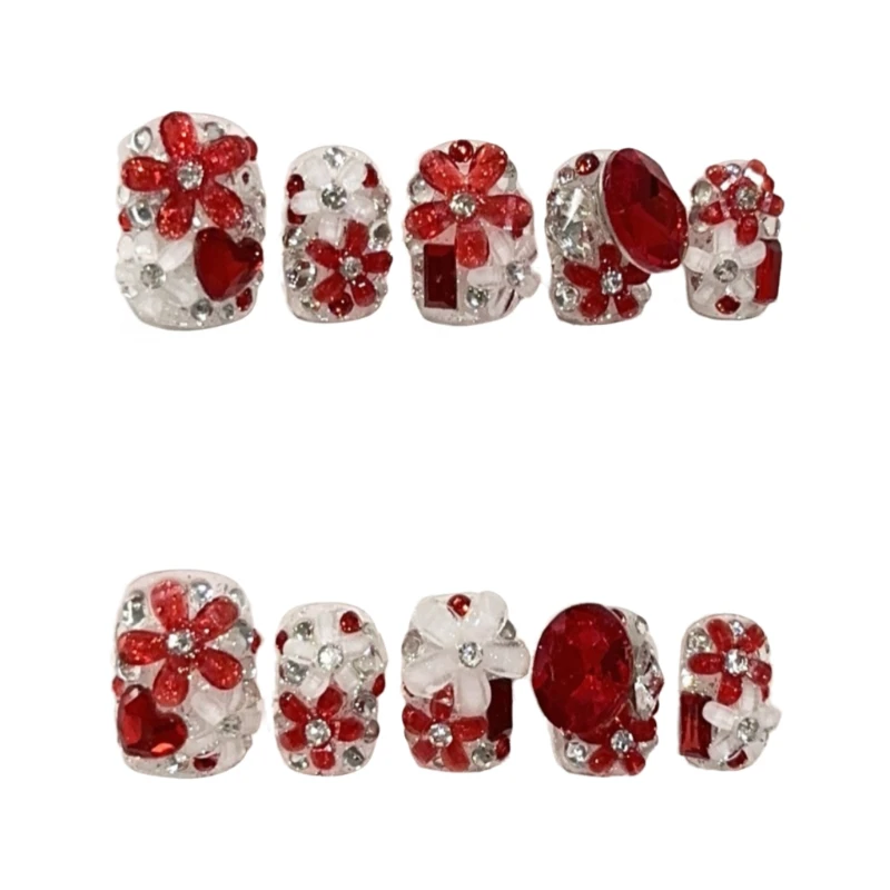 10 個の赤い繁栄するクリスタルの花手作りプレスオンネイルスーパーグリッターダイヤモンドルビー付け爪取り外し可能再利用可能