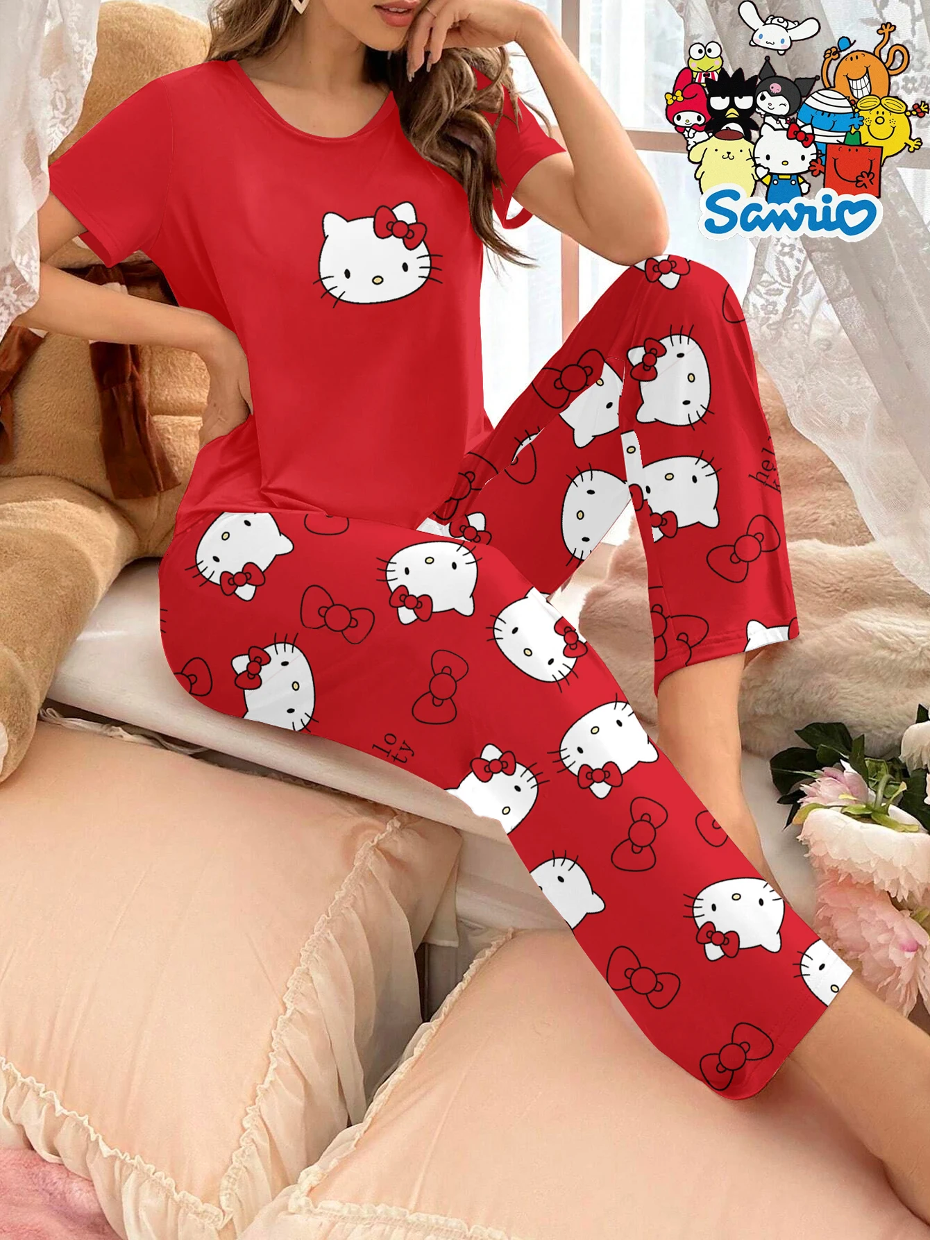 

Sanrio short cartoon red sleeve trousers crew neck milk silk casual pajamas loungewear set