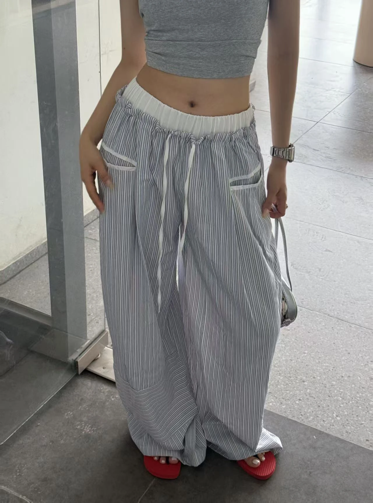 Casual High Waist Drawstring Elastic Waist Patchwork Stripe Matching Versatile Long Pants Korean Style Simple Retro Striped P...
