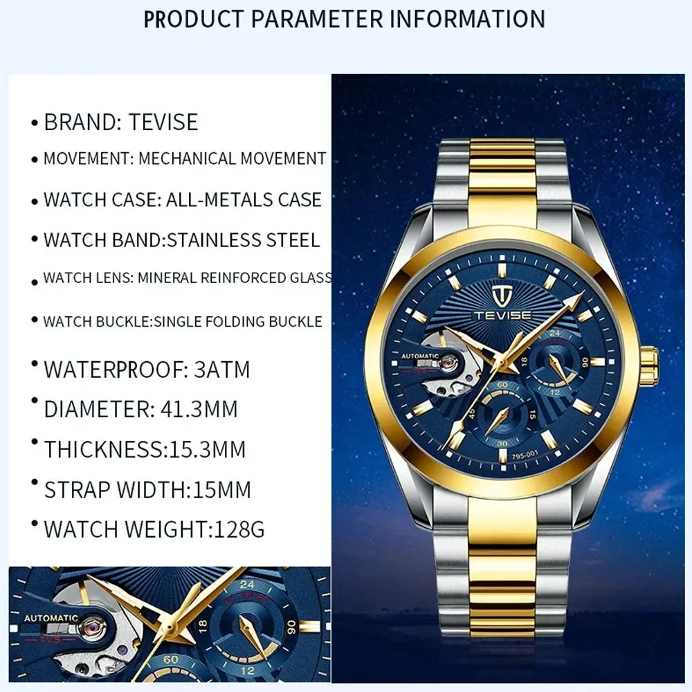 2024 Tevise Automatic Luxury Mechanical For Men Waterproof Business & Fashions Full Stainless Steel Wristwatches Relojes Baratos