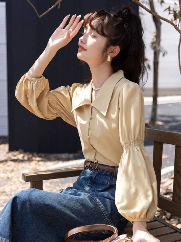 

Shirts Women Loose French Style Casual Chic Gentle Vintage Office Lady Elegant Pure Temperament Spring All-match Lantern Sleeve