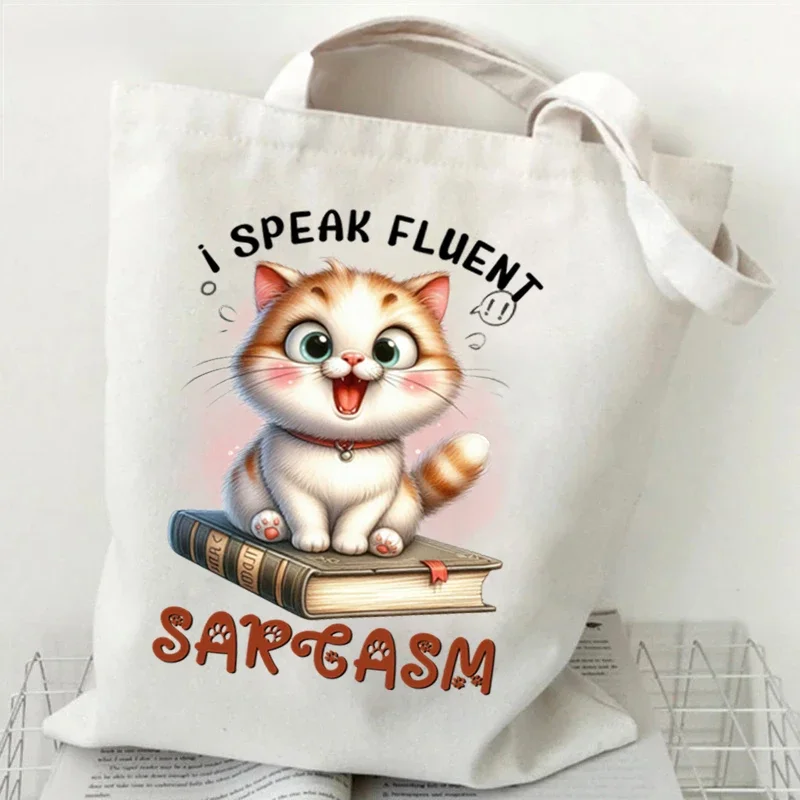 

"Cat Make Me Happy"Canvas Bag for Women Men Shopper Funny Animal Lover Handbags Reusable Shoulder Tote Bag Teen Cartoon Hand Bag