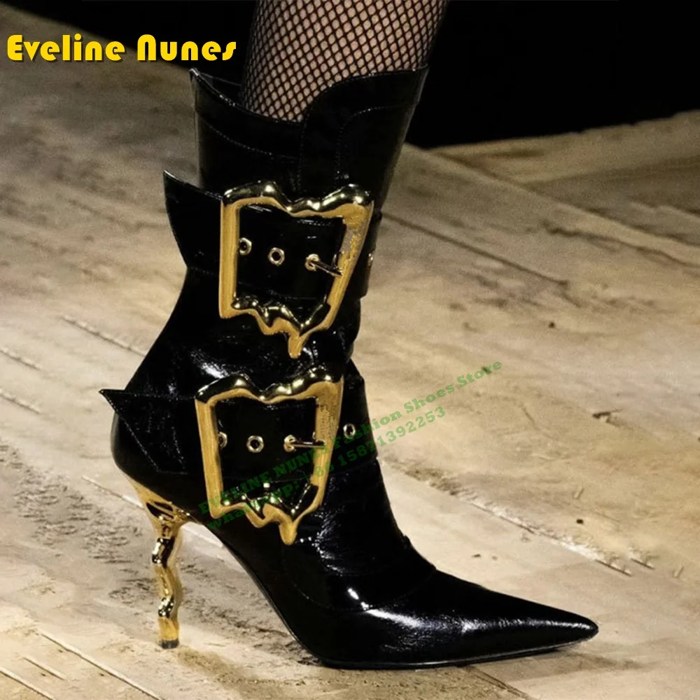 

Strange Style Gold Metal Buckles Women's Ankle Boots 2024 New Pointed Toe Punk Large Size Sexy Nightclub Show Motorcycle Boots