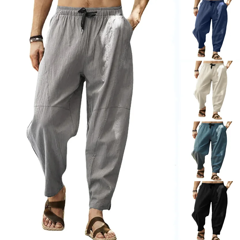 7 Color Options M-5XL Oversized Loose Pants Men Drawstring Pocket Wide Leg Pocket Cotton Linen Hip Hop Harem Trousers