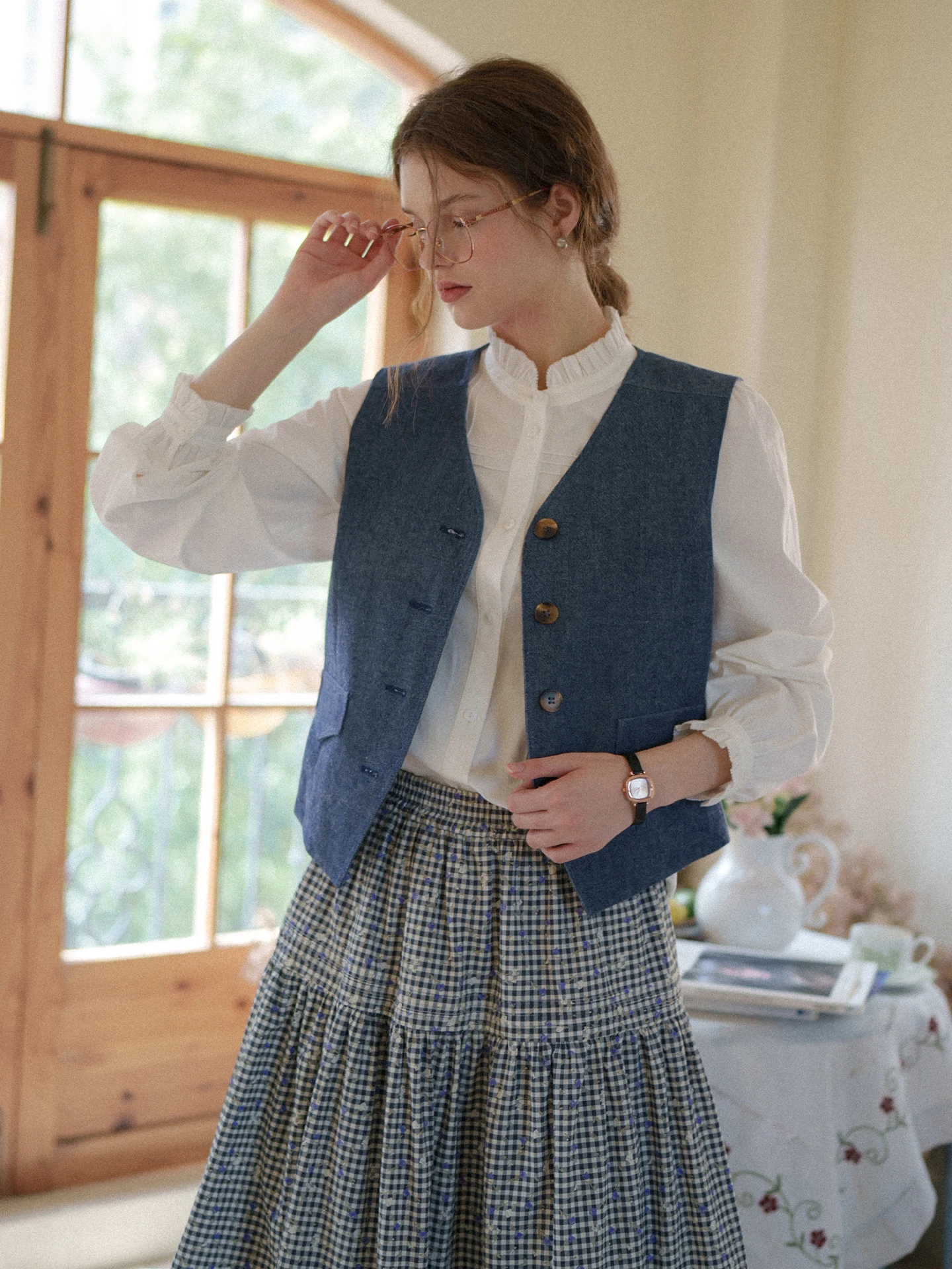 

Retro Denim Vest MarchNoon Linen Cotton Layering Short Sleeve V-Neck Jacket Versatile Women's Vest Cotton Linen Blend
