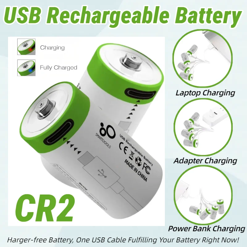 

3.7V CR2 Rechargeable Battery Li-Ion 300mAh with Charging Cable for Cameras GPS Security Devices Medical Equipment Flashlights
