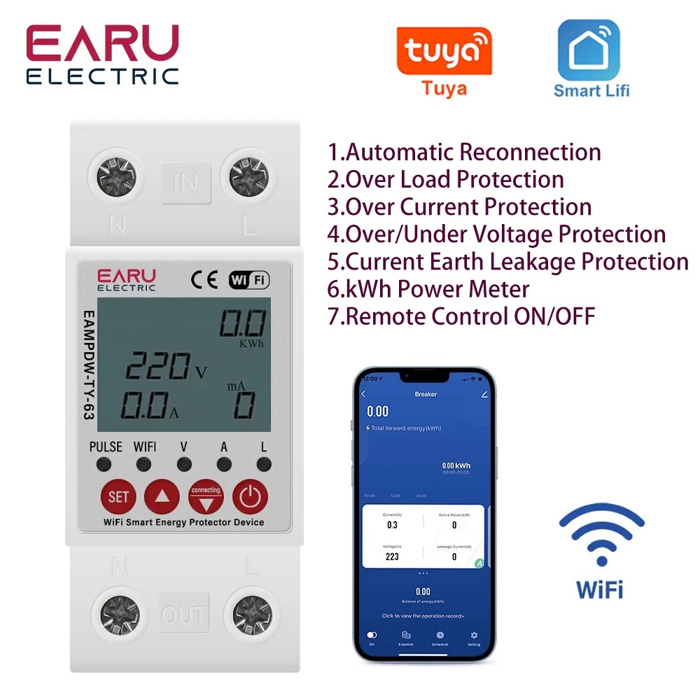 2P 63A TUYA APP WiFi Smart Circuit Aardlek Over Onderspanning Protector Relais Apparaat Schakelaar Breaker Energie Power kWh Meter