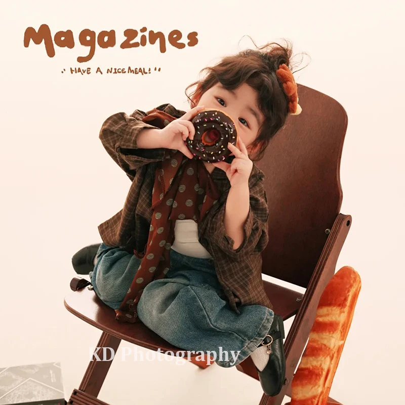 

Kids Plaid Oversized Shirt & Denim Pants Set with Polka Dot Scarf, 2-6 Years Old Children Baby Retro Fashion Photo Shoot Outfits