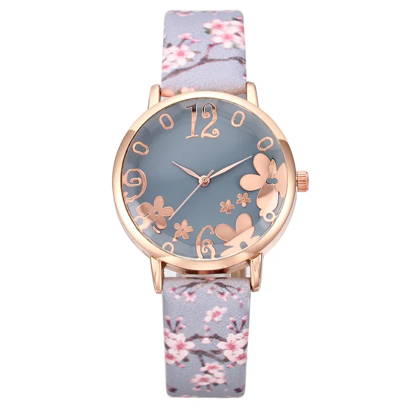 Popular Digital Art Floral Women's Watch European American Fashion Casual Ladies Leather Strap Quartz Wristwatch Female Watches