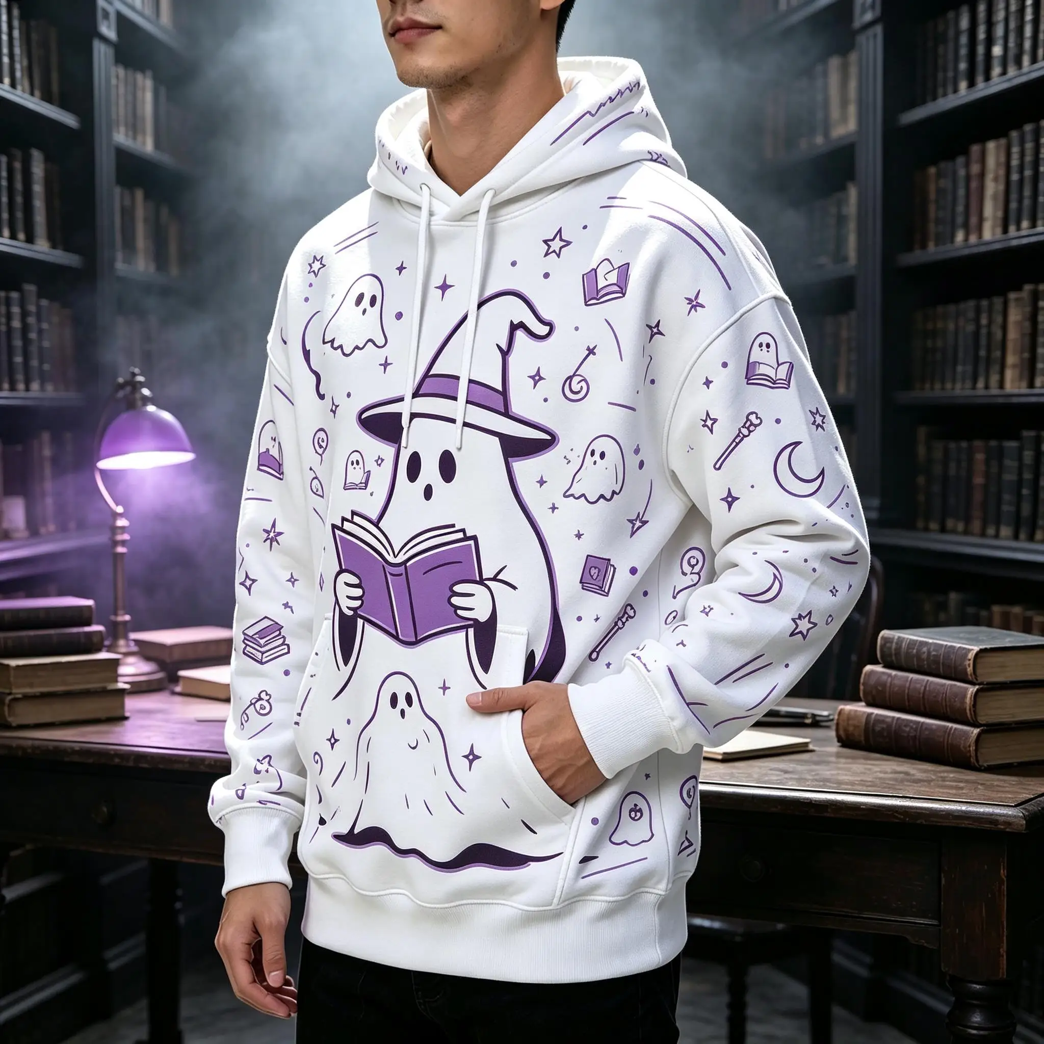 Men's Hoodie White Purple Ghost Reading Book Print Breathable Soft Pullover Sweatshirt for Cute Halloween Party Daily Wear