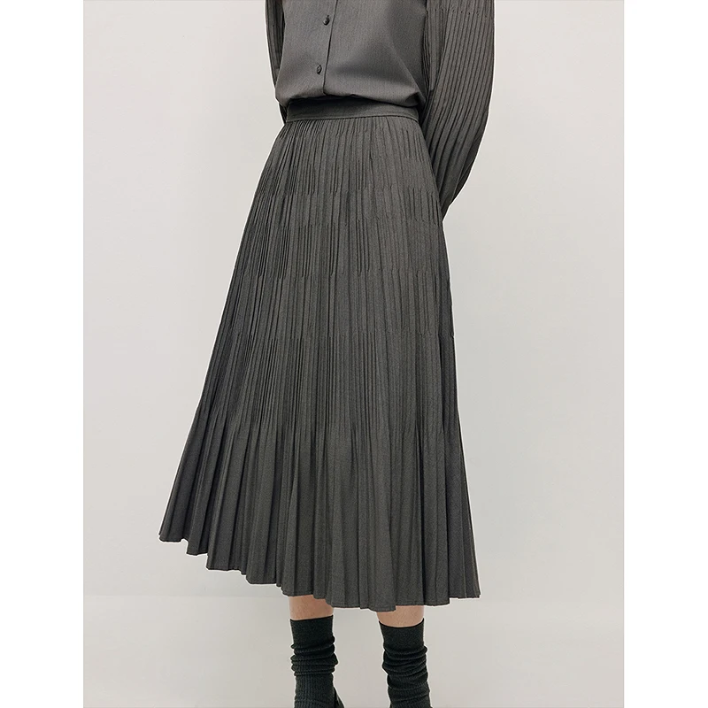 INMAN 2024 Autumn winter Pleated women's skirt elastic waist all matching temperament A-line skirt