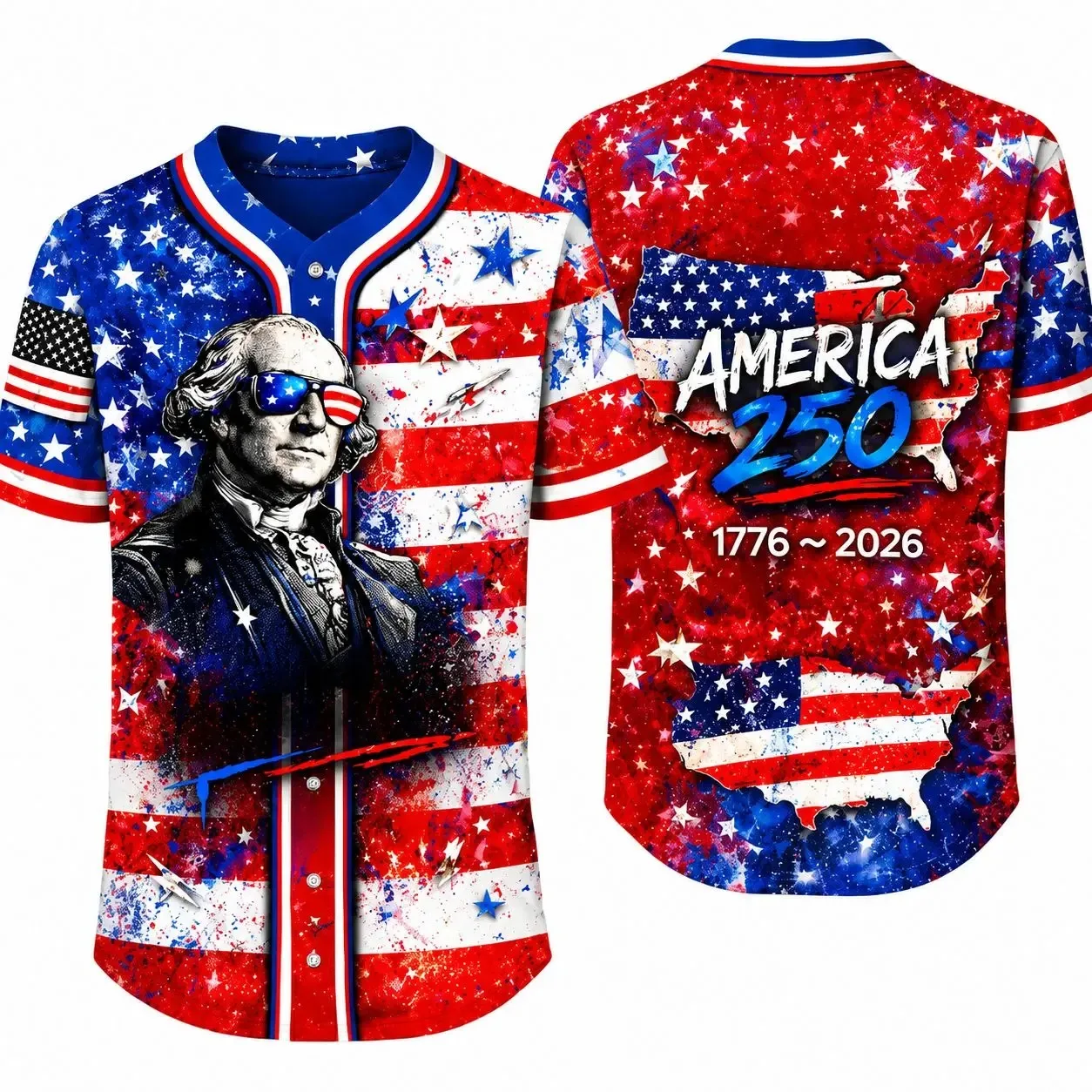 Men’s Patriotic America 250 Baseball Jersey - 1776-2026 USA Flag, George Washington Print, Short Sleeve Button Down Top for 4th