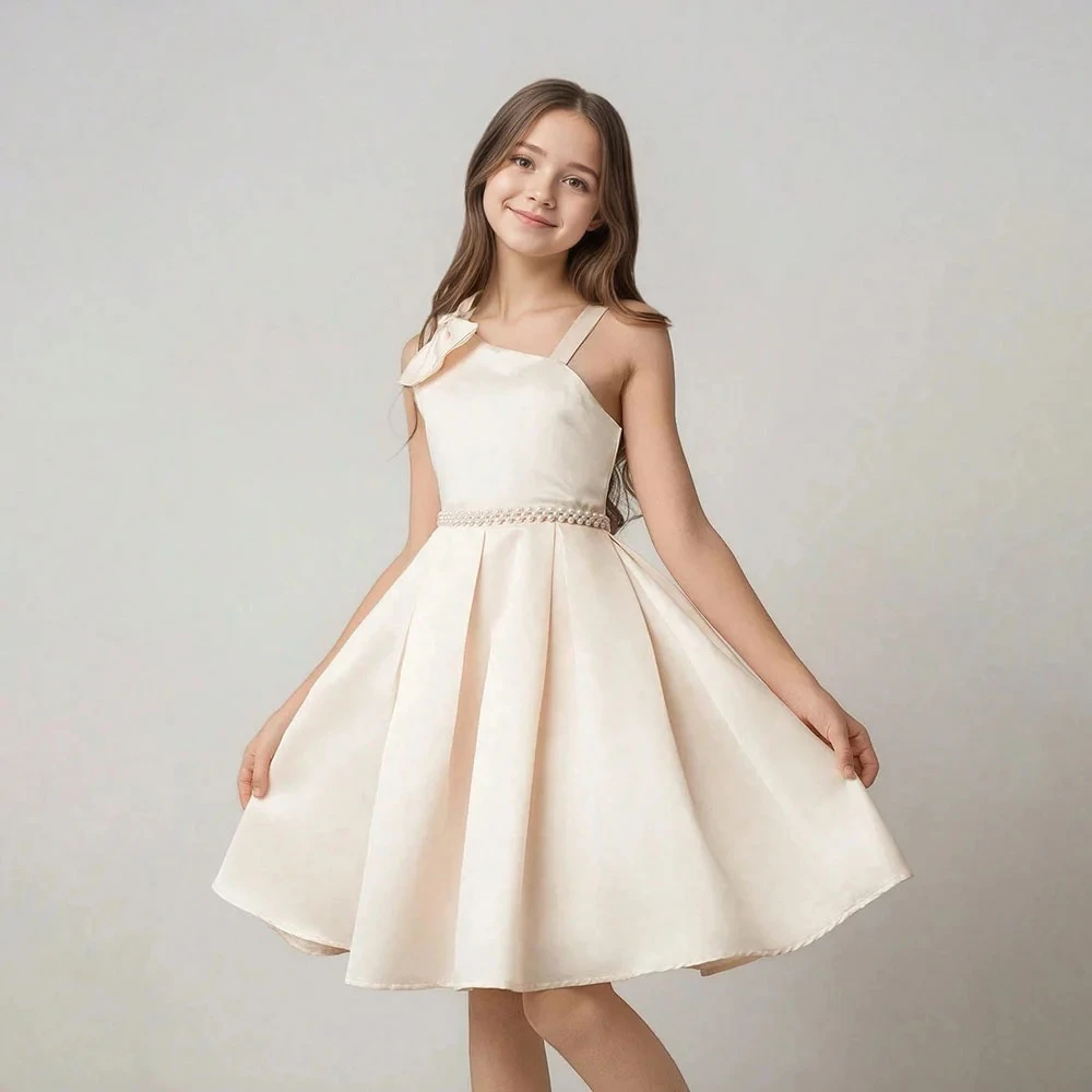 Customized Sleeveless A-Line Girl Dress For Party Short Open Back Lace Birthday Gown Knee Length Kids Junior Concert