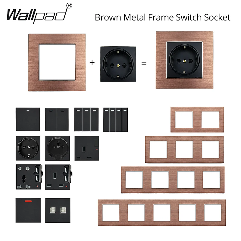 S6 Brown 2 3 Way Switch and EU French Universal Socket Dimmer LED Wall Lamp Switch Power Outlet Socket Metal Frame DIY Wallpad