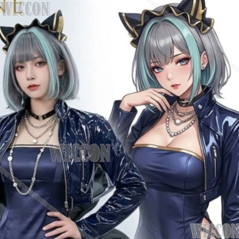 Disfraz de Cosplay Azur Lane Cheshire, Vestido Diario, Orejas de Gato Azules y Blancas, Medias Altas, Falda de Encaje, Lazo, Cola, Navidad, Carnaval