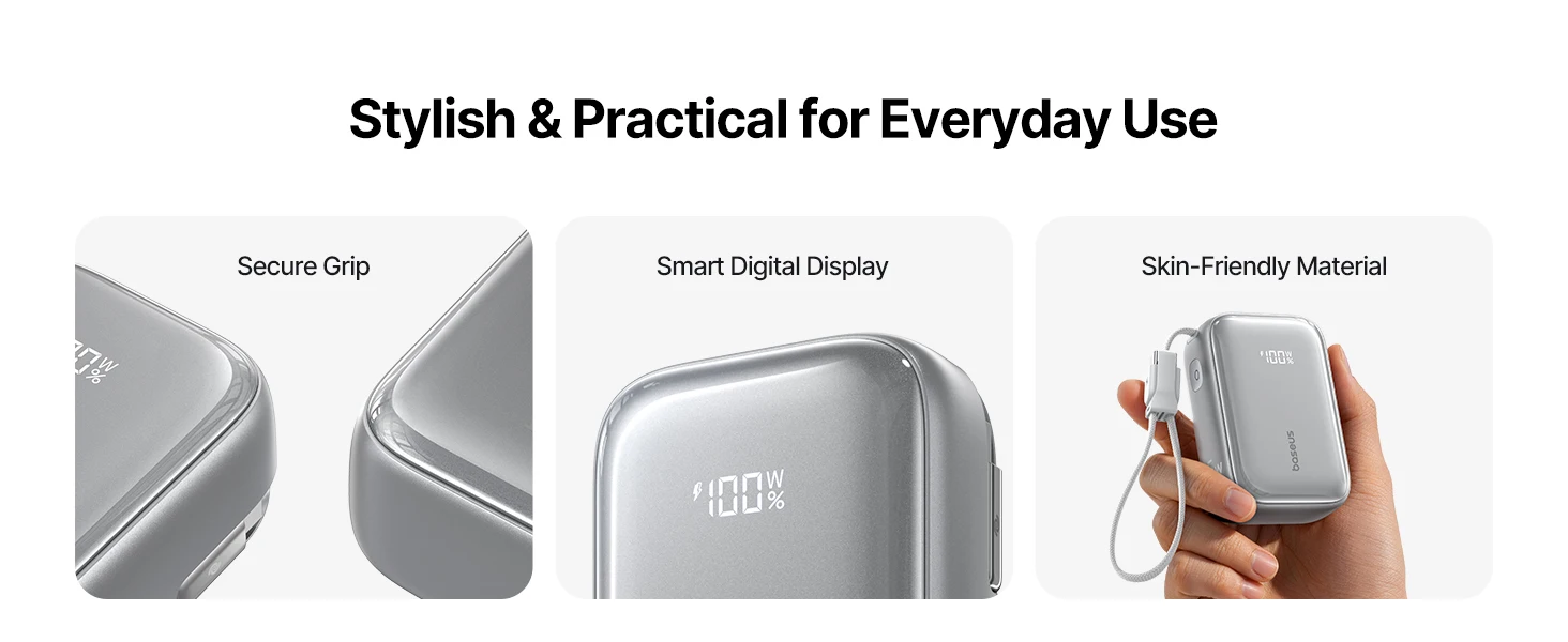 Baseus 45W Powerbank 10000mAh mit integriertem, einziehbarem USB-C-Kabel, abnehmbarem Kabel, Ladegerät 20000mAh für iPhone 18 Duo Pro Max S26 – Detail 10