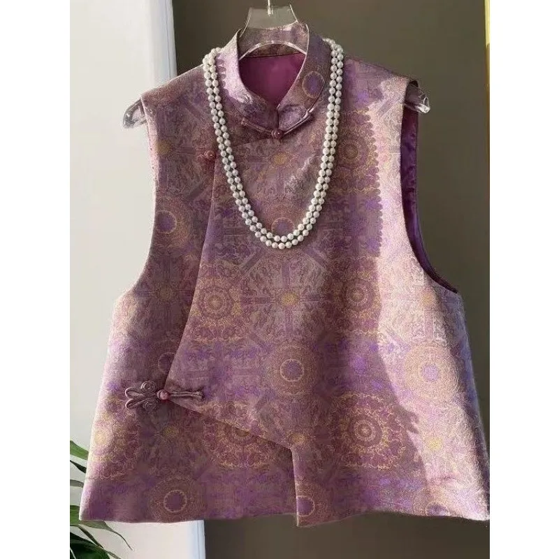 

2025 Элегантный китайский ретро-топ с косой грудью, новый жаккардовый повседневный универсальный асимметричный жилет с принтом