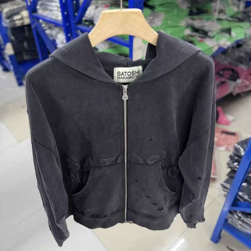 26ss Distressed Satoshi Hoodies High Quality Oversized Splatter Paint Casual Women's Men's Zip‑Up Hoody Sweatshirts